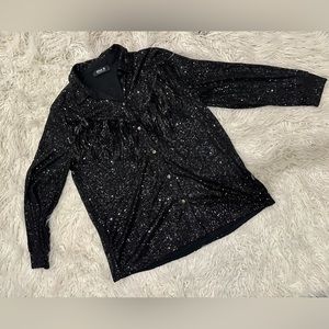 Screams Taylor Swift Vibes - Black sequin fringe button down blouse.